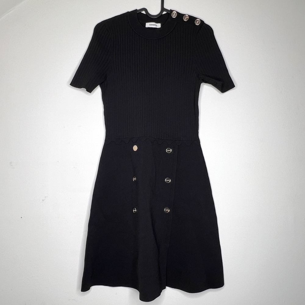 Sandro Black Ribbed Knit Short Sleeve A-Line Dress Gold Button Detail Size 36 - Picture 5 of 14